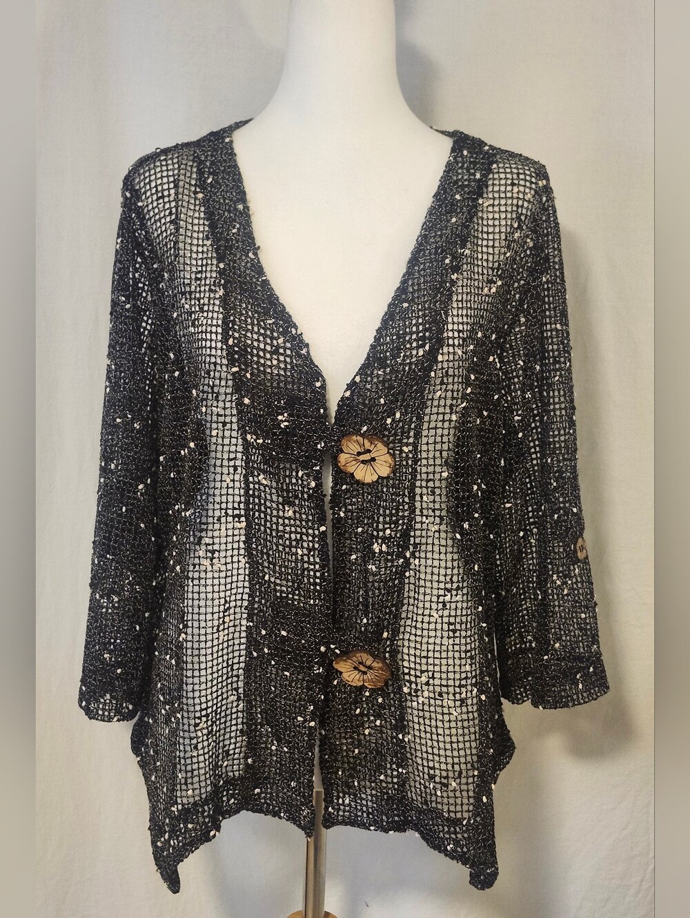 Nina Leonard Open Weave Black Knit Cardigan with Wooden Flower Buttons. New.